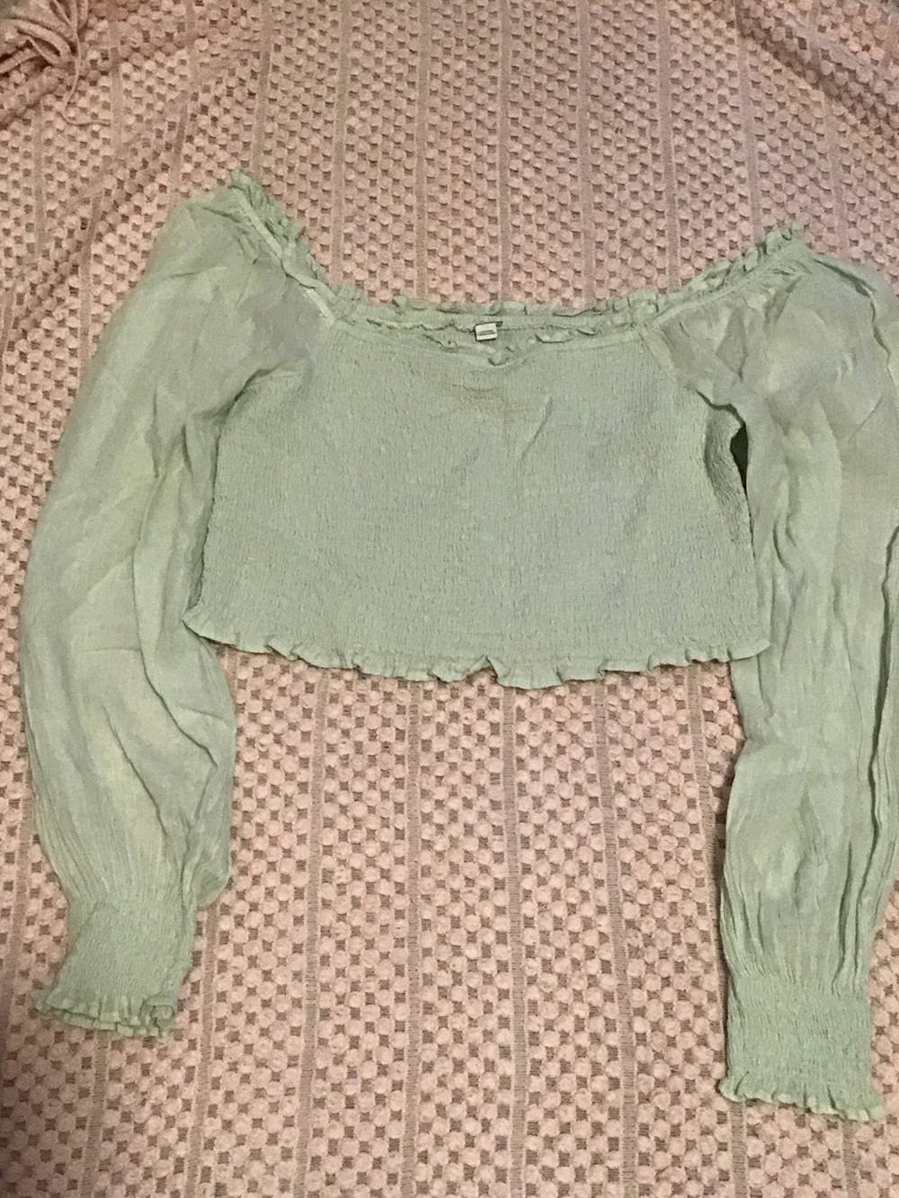 aerie Mint Green Off-Shoulder Smocked Crop Top
